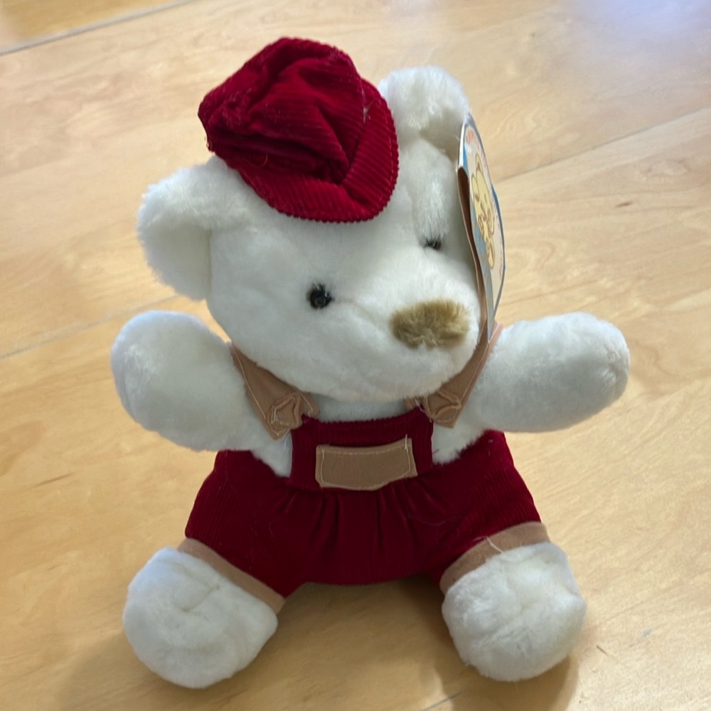 Kellytoy Vintage Train Conductor Hat Teddy Bear Plush white with red clothing